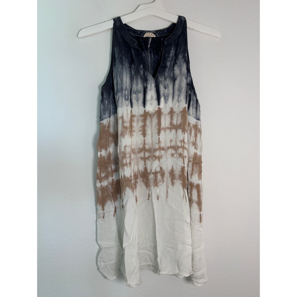 Hem & Thread Tie Dye Sleeveless Tunic Dress Navy Tan White Medium
